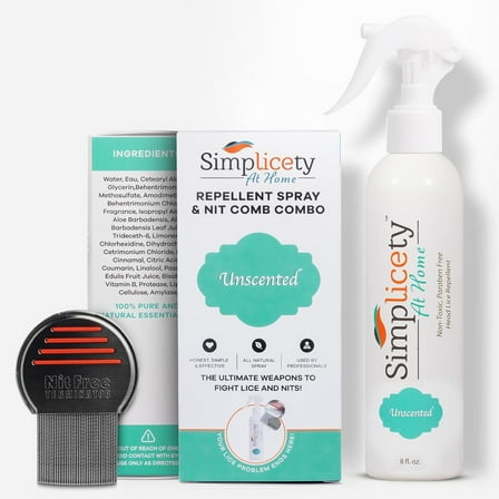 SIMPLICETY® Lice Kit, Includes, Lice Spray for Hair and Metal Lice Comb with Round Edges, 8fl oz Lice Spray Effective for Head Lice. (Unscented)
