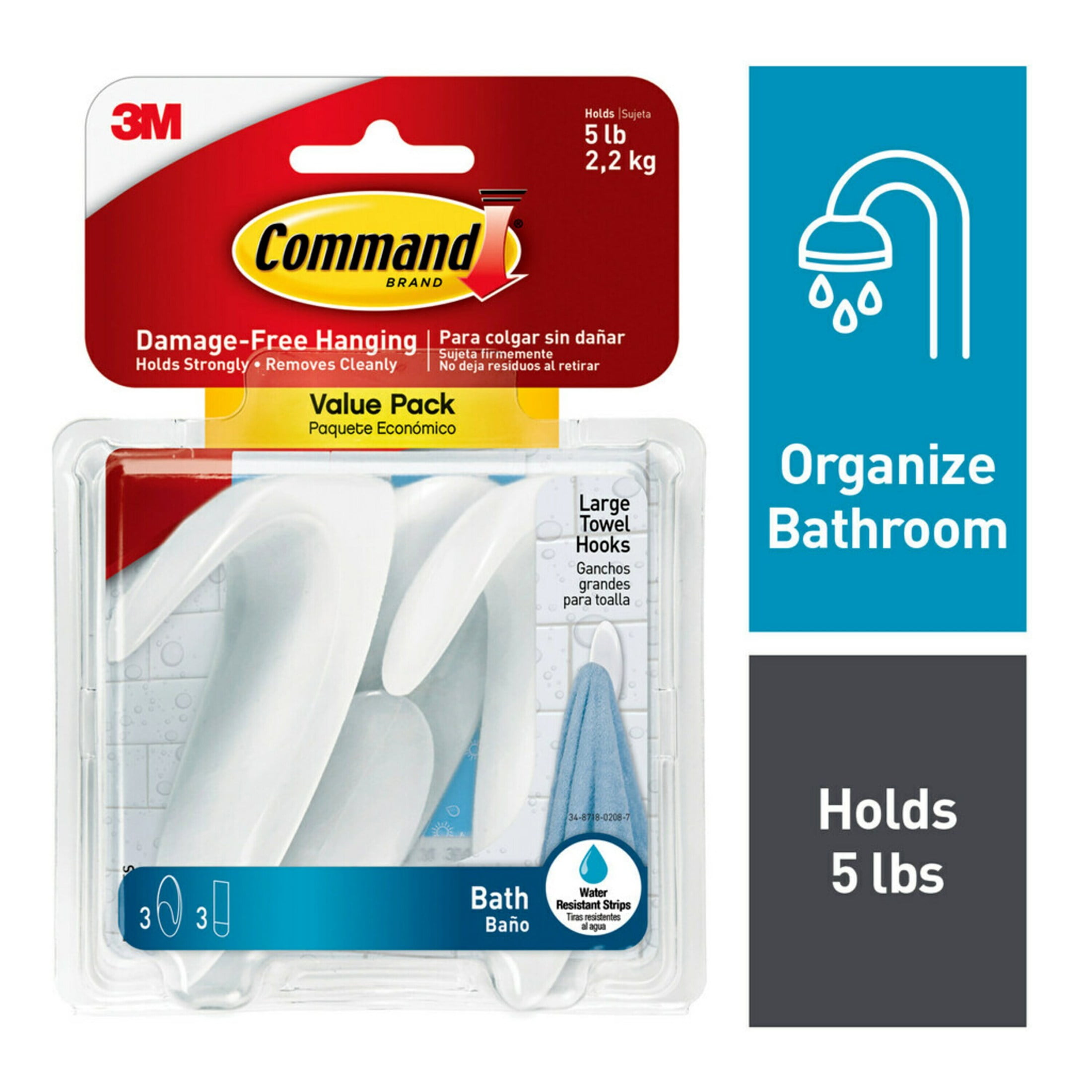 (3 pack) Command Large Towel Hooks Value Pack, Frosted, 3 Wall Hooks, Holds 5 lbs, Bathroom Organization