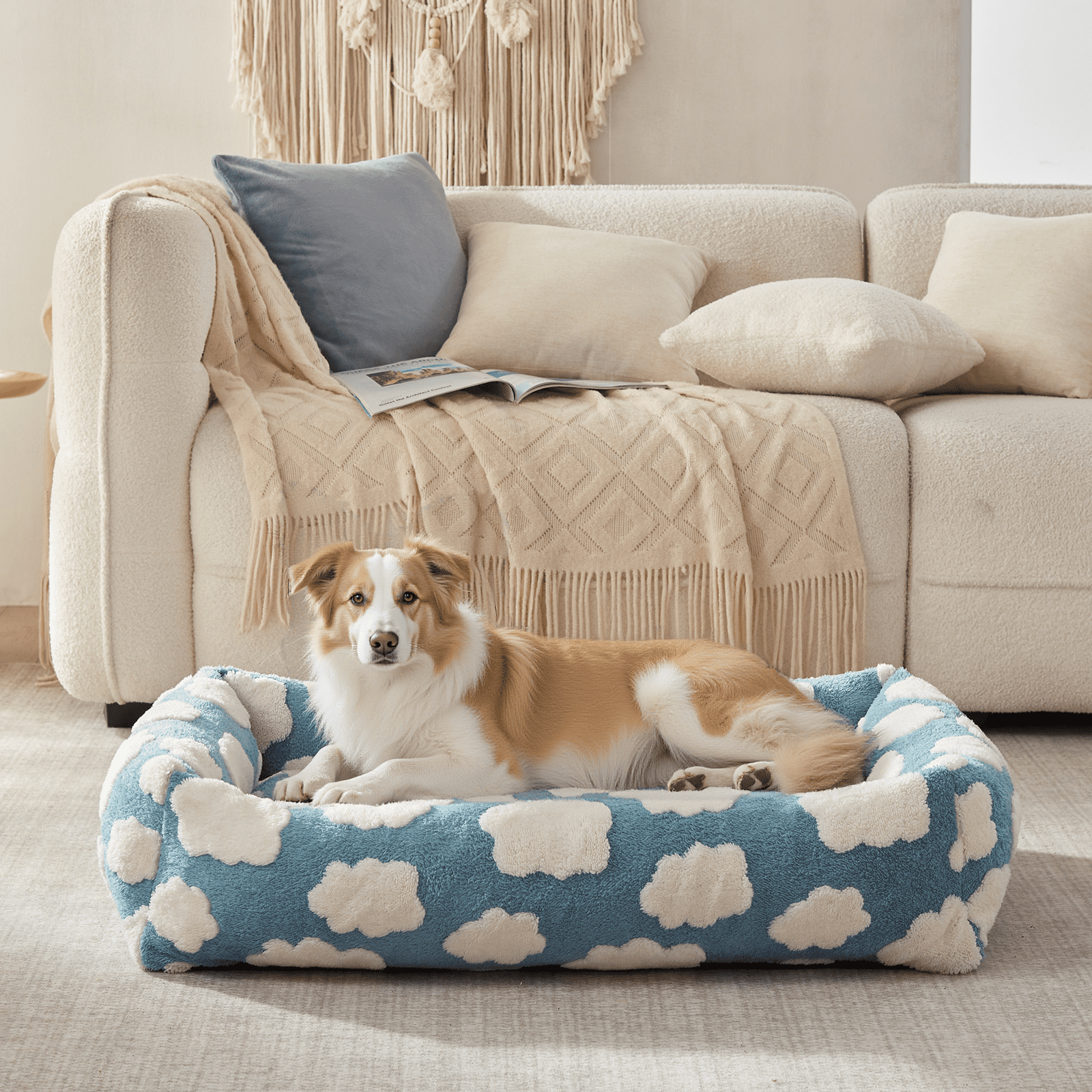 Cute Dog Bed for Medium Dogs, Cozy Rectangle Orthopedic Sofa , Washable Pet Beds with Jacquard Shaggy Plush and Anti Slip Bottom, Blue, 20"x19"x6"