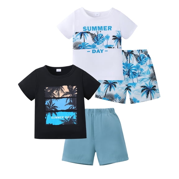 Kucnuzki 5T Little Boys Summer Outfit Set 6T Child Boys Clothes Set 2 Packs Short Sleeves T-shirt Top Coconut Trees Letter Print Top Shorts 4pcs Short Sets Multicolor