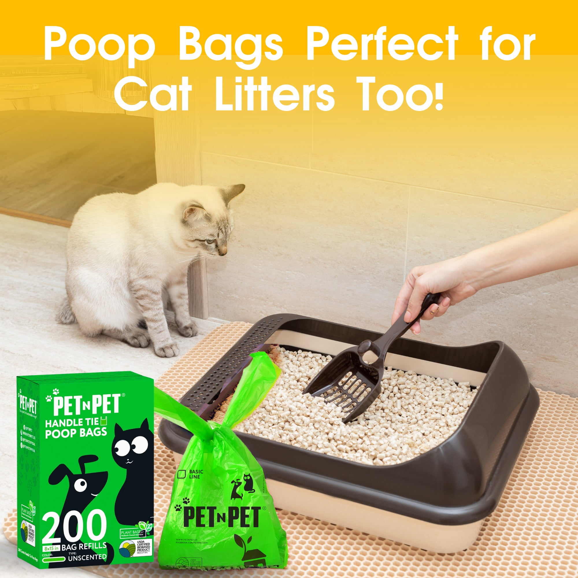 PET N PET Dog Poop Bags with Tie Handles, 200 Count, Unscented, USDA Certified 41% Plant-Based, Leak-Proof Dog Waste Bags, 8 x 15 Inches