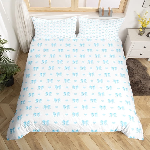 Manfei Pink Bow Bowtie Duvet Cover Twin,Cute Cartoon Bowknot Bedding Sets Twin Size,Kawaii Blue Loves Bed Set For Kids,Microfiber Bedroom Decor Reversible(No Comforter),2pcs
