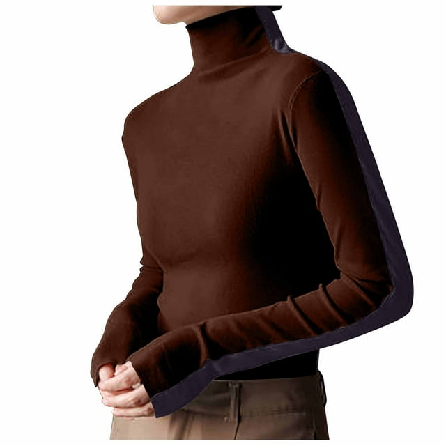 Yuyuzo T-Shirts à Manches Longues pour Femmes Col Roulé Pull Serré Slim Tops Bloc de Couleur Basiques