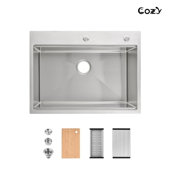 30″x22″ Stainless Steel Single Bowl Overmount Kitchen Sink, Brushed, with Board & Colander, 1 Pc – SS-BR01D-302208