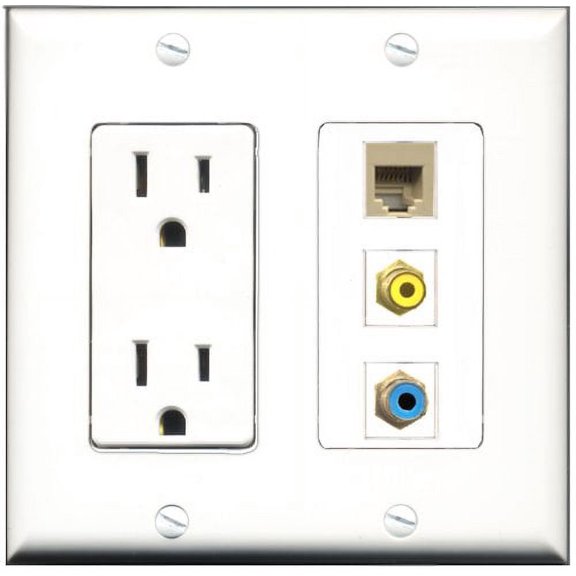 RiteAV - 15 Amp Power Outlet 1 Port RCA Yellow 1 Port RCA Blue 1 Port Phone Beige Decorative Wall Plate
