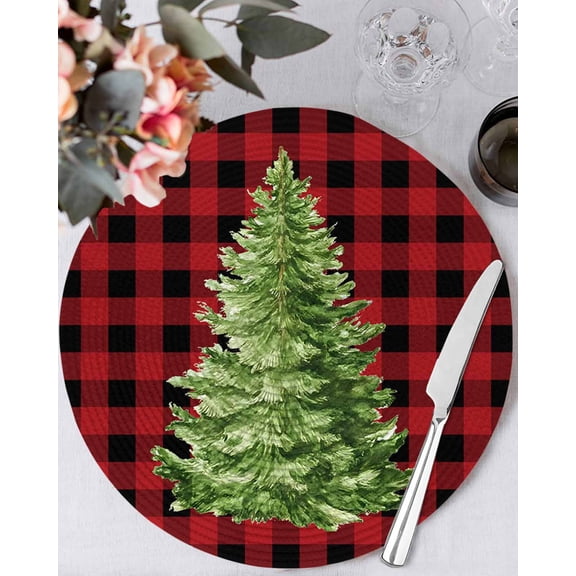 15 Inch Round Placemats Set of 4, Christmas Tree Non Slip Heat Insulation PP Table Mats, Buffalo Plaid Xmas Pine Farmhouse Checker Washable Place Mats for Kitchen Dining Party Table Decor