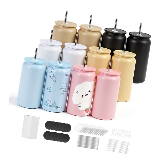 KFFKFF Sublimation Tumblers, 12 Pack, 16 oz Multicolored Tumblers Bulk, Stainless Steel Sublimation Cups with Lids and Straws, Double Wall Insulated Tumbler Blank