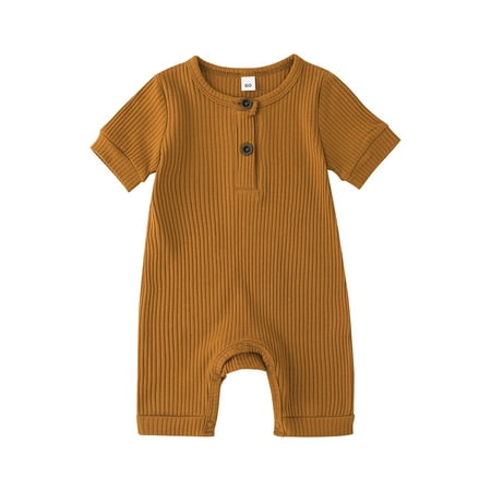 

KZKR Newborn Baby Solid Ribbed Romper Unisex Infants Boy Girl Short Sleeve Button Onesie Jumpsuit One Piece Cotton O Neck Bodysuit