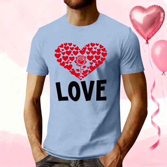 EchfiProm Graphic Tees for Men Valentine Short Sleeve Shirts Summer Light Blue Love Heart Adults Tops 2XL