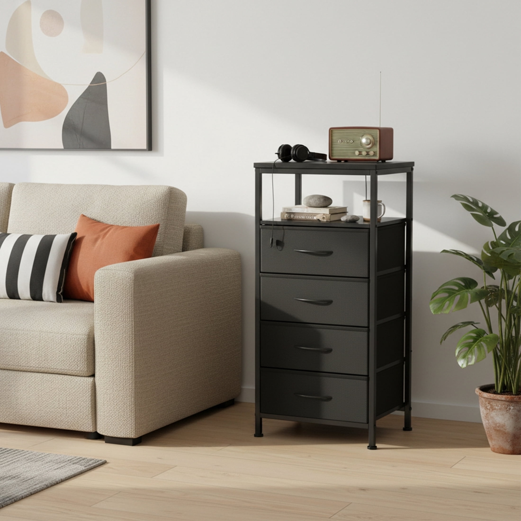 CONCETTA 4 Fabric Drawers Nightstand with Charging Station, USB/Type-C Ports, Adjustable Feet, Bedroom, Black