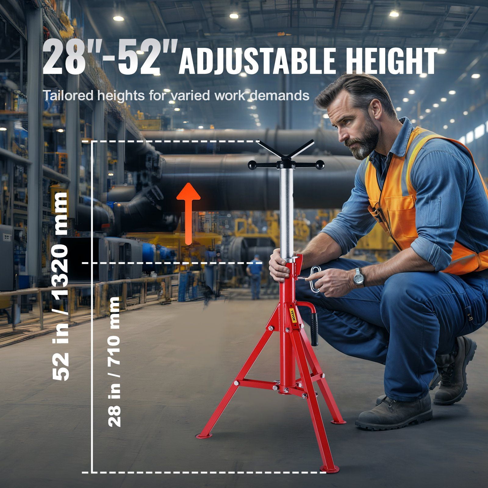 Adjustable Height V Head Pipe Stand 28-52 Inch 2500 LB Capacity Folding Portable Support for 1/2 to 12 Inch Steel Pipe Jack Stands