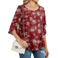 thumbnail image 3 of Nlife Women Floral Leaves Print Round Neck Split 3/4 Sleeve Blouse, 3 of 5