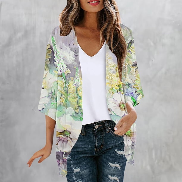 Cárdigan de manga larga para mujer, blusa informal estampada con bolsillo, abrigo tipo cárdigan para mujer
