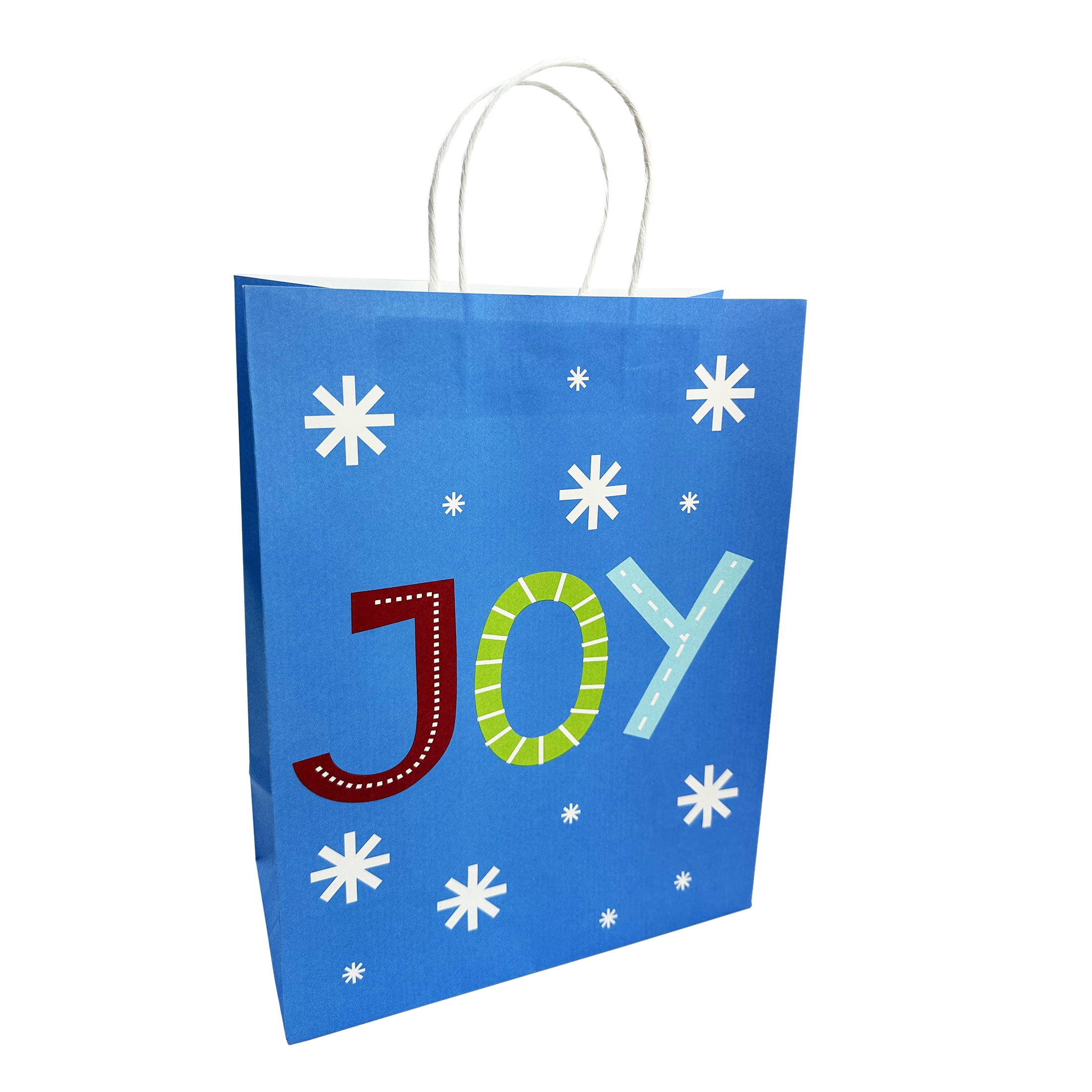 Holiday Time Christmas Gift Paper Bag, Green Penguin, Red Snowman, Merry Christmas, Green Santa, Blue Candy cane, Blue JOY, Large, 10x5x13in