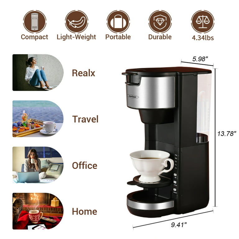Superjoe Single Serve Coffee Maker, Coffee Machine For Single Cup Pod &  Coffee Ground, 30 Oz Removable Reservoir, Compact Coffee Brewer with 6 to  14 oz, Black 