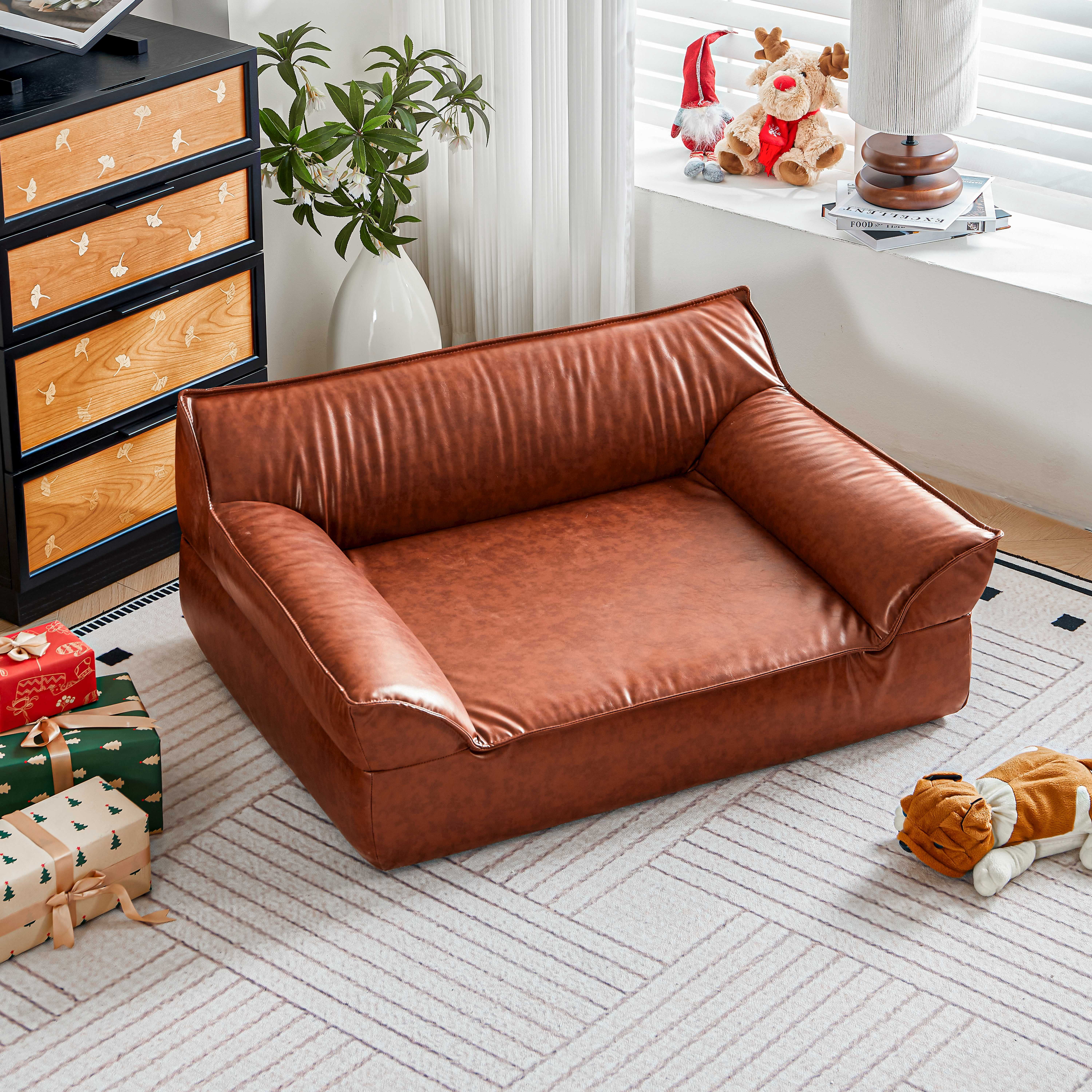 Leather Dog Bed Couch for Large Dogs up to 70lbs, Orthopedic Elevated Pet Sofa Bed with Removable & Washable Cover, Furniture Style Luxurious Dog Sofa, Brown