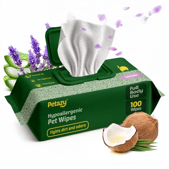 Petazy XL Extra Thick Dog Grooming Wipes, Lavender Scented, Hypoallergenic Cleaning Deodorizing, Paws Butt Ears Eyes, 100 Count