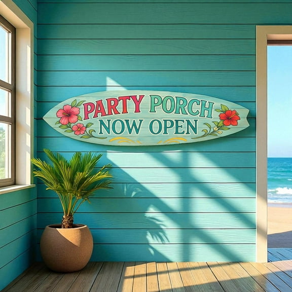 Party Porch Now Open Surfboard Sign – Coastal Porch Decor – Indoor Outdoor Beach House Sign