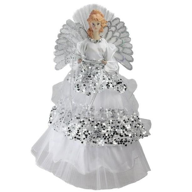 16" Lighted Fiber Optic Angel in Silver Sequined Gown Christmas Tree