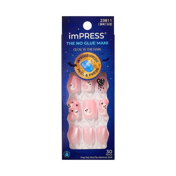 Kiss Impress Press On Nails Short, Halloween, ‘Blood Moon’, Pink, Squoval, 30 Count