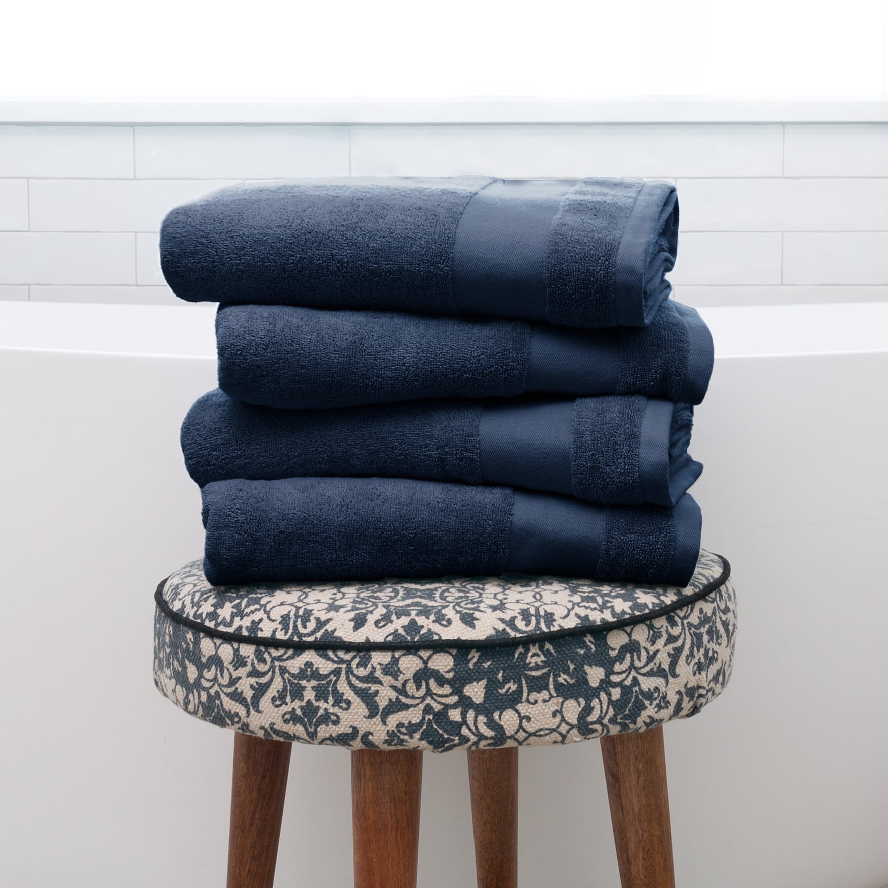 Noble Linens 4 Piece Farmhouse Cotton Bath Towel Set, Navy Blue