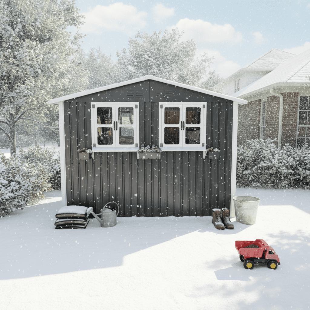 Aukfa 6x9 FT Metal Outdoor Storage Shed with Flower Rack&Lockable Doors, Waterproof Garden Tool Shed for Backyard Patio Lawn, Gray