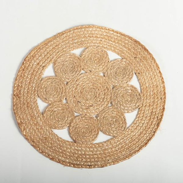 Ensemble de Table Rond en Jute avec Motif de Fleurs