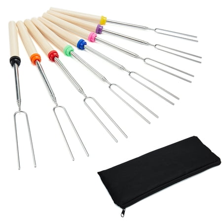 8 Pcs Telescoping BBQ Forks Marshmallow Roasting Sticks BBQ Grill Tool Set with Wooden Handle Smores Skewers Hot Dog Fork Camping Cookware