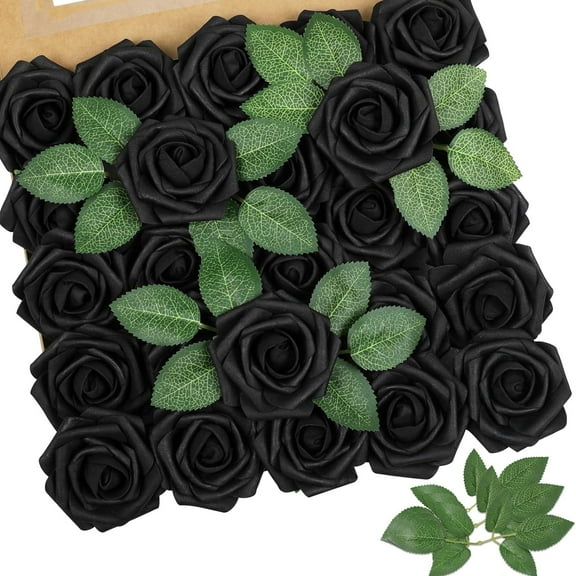 25 pieces of artificial black roses with real appearance and stems are suitable for DIY wedding bouquets, center decoration, parties, baby parties, home decoration