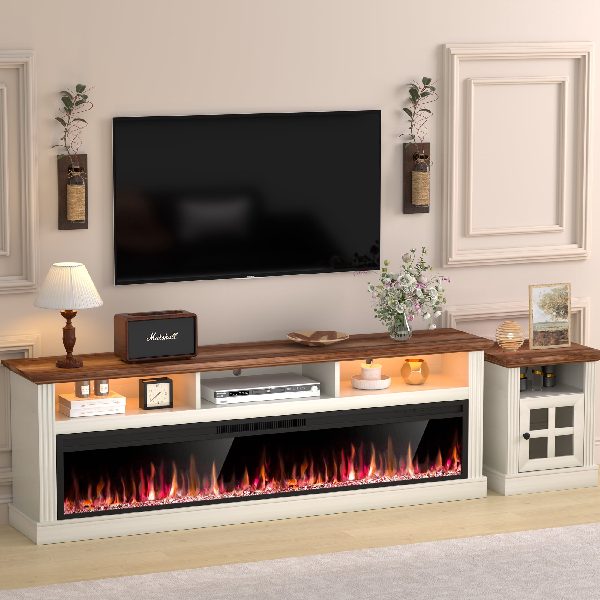 HARIPUL 58" Fireplace TV Stand for TVs Up to 65" with 52" Electric Fireplace,White Entertainment Center with Storage Cabinets,Led Light TV Consoles for Living Room,White/Crystal Fireplace