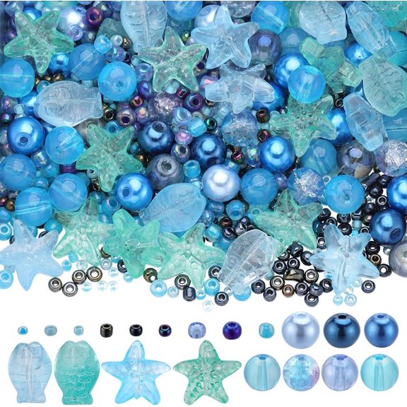 1 Box 540pcs Glass Ocean Beads Kit Glass Seed Beads Sea Animal Bead Summer Hawaii Sea Bead Starfish Fish Beads Glass Beads Beading Kits DIY Bracelets Necklace Supplies