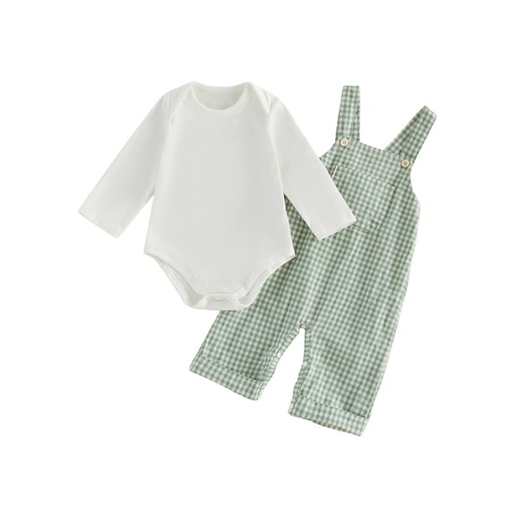 RUINIXCW Newborn Boy Girl Spring Fall Clothes Infant Baby Boys Girls 2 Pieces Outfit Long Sleeve White Romper Plaid Print Bib Overall Pants Set