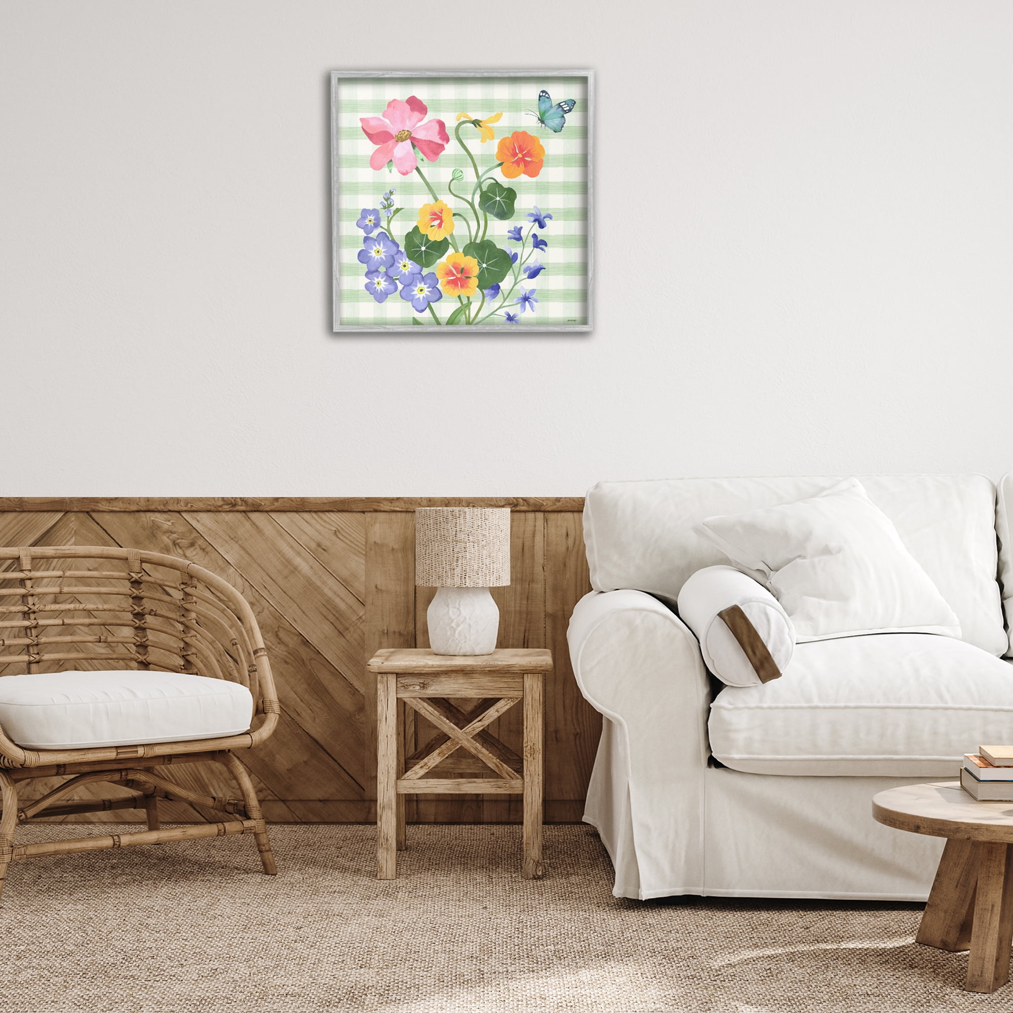 Stupell Industries Gingham Garden Flowers Botanical & Floral Painting Gray Framed Art Print Wall Art, 24 x 24