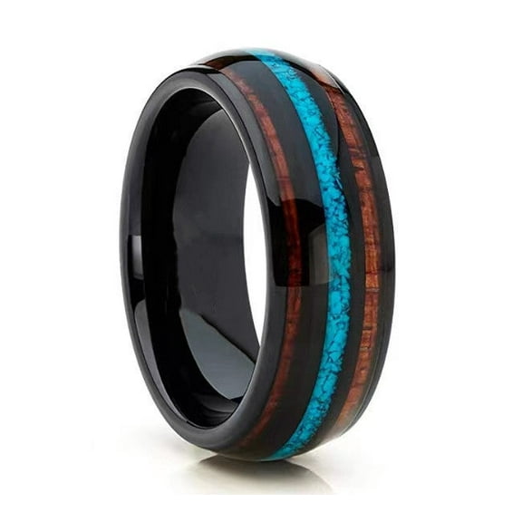 Tungsten Titanium Steel Ring Three Grooves Inlaid With Turquoise