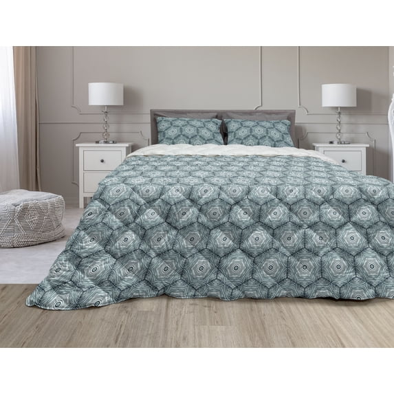 Abstract Comforter & Sham Bedding Set, Growth Rings Themed Bullseye Style Hand Drawn Circles and Hexagons, 3 pcs Duvet Set Microfiber Filling Quilt, 5 Sizes, Dark Teal and Pale Blue, by Ambesonne