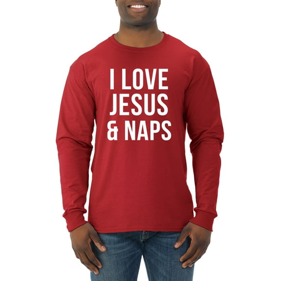 Wild Bobby, I Love Jesus & Naps Inspirational/Christian Men Long Sleeve Shirt, Red, Large