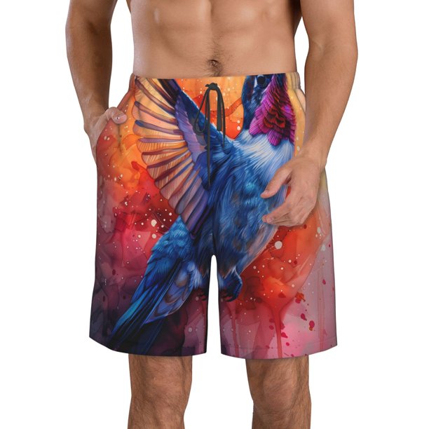 Fotbe Vibrant Hummingbird Watercolor Art Trajes de Baño Estampados para Hombre, Shorts de Verano de Secado Rápido, Ropa de Playa, Bañadores-Large