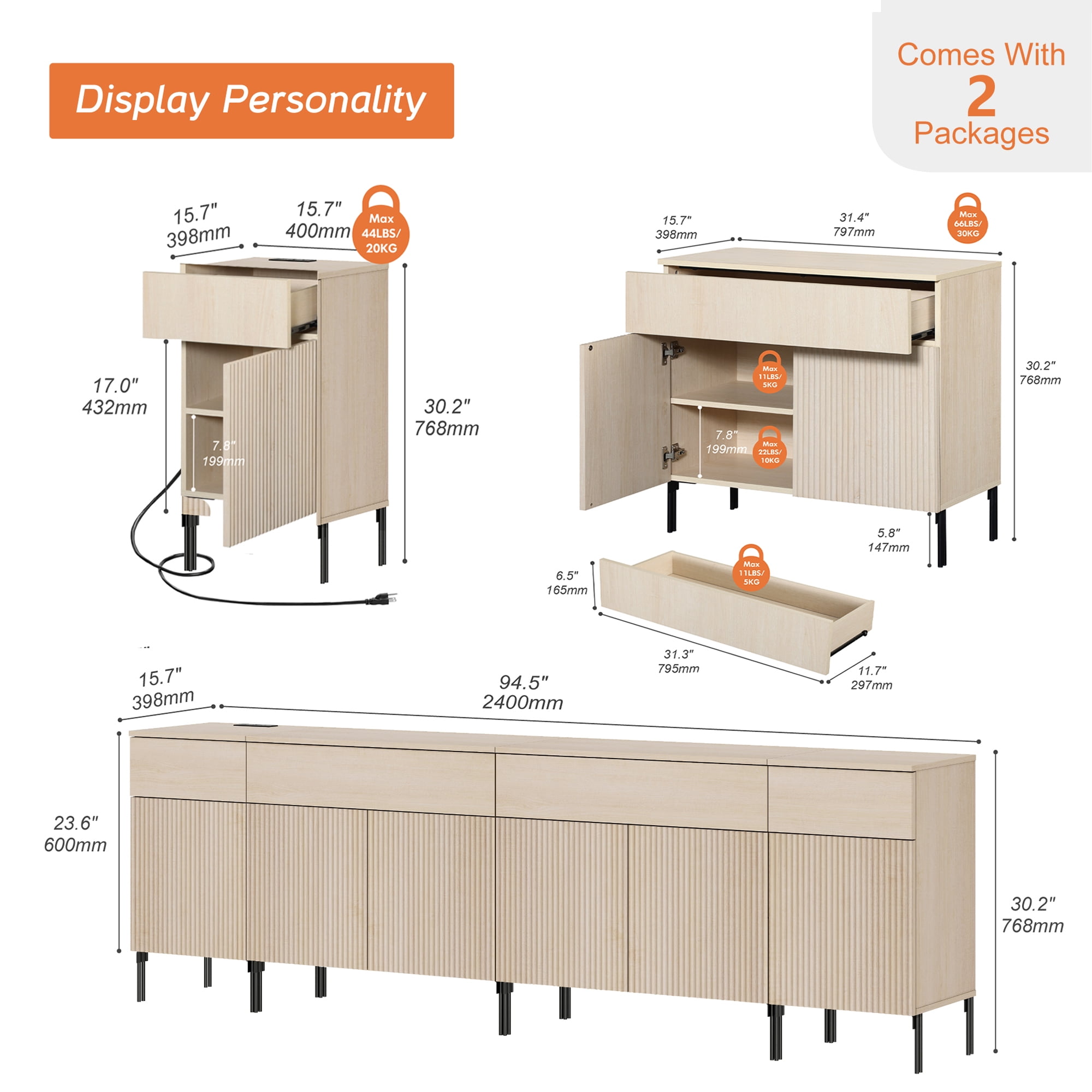 94.5" Reeded Accent Cabinet Set with Charging Station, Modern Credenza Storage Cabinet with Doors and Drawers for Living Room, Kitchen, Dining Room, Hallway