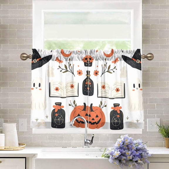 Yayeee Kitchen Curtains Tier Pair Light Filtering 27"x36" Rod Pocket Short Cafe Window Panel, Cartoon Halloween Ghosts