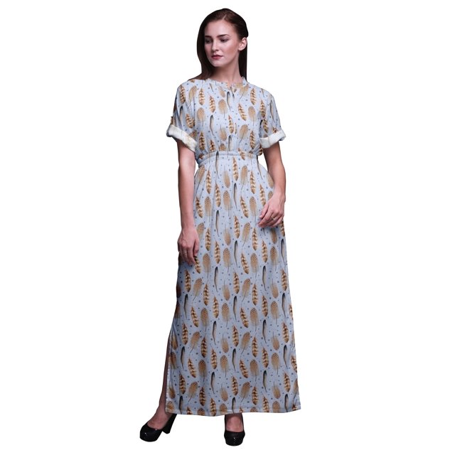 Bimba Robe Kimono Imprimée Plumes d'Aigle en Rayonne Manches Longues Maxi Fendue d'Été-TTTG