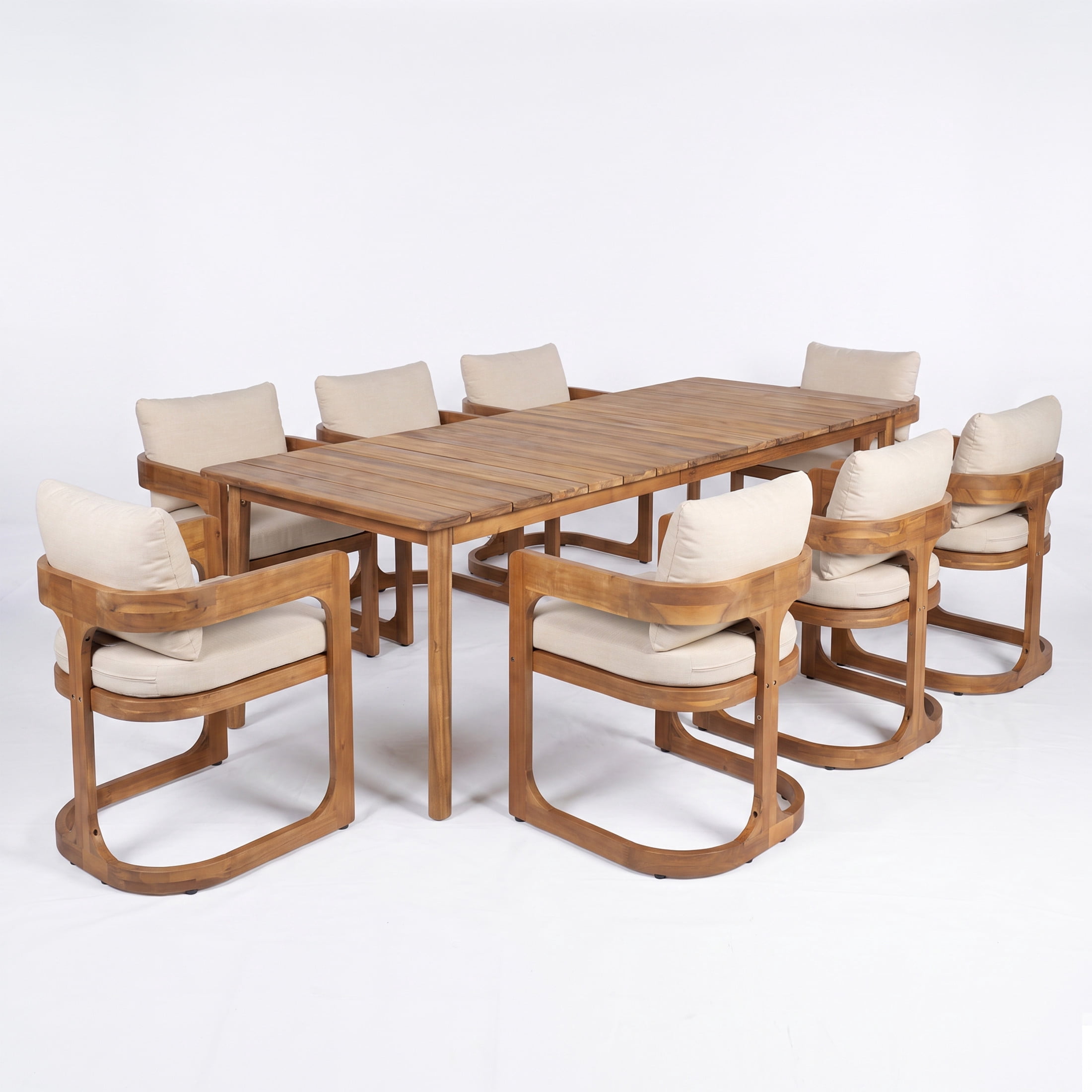 Christopher Knight Home 9-Piece Mid-Century Wood Outdoor Dining Set, 8 Seats with Table, Teak+Beige
