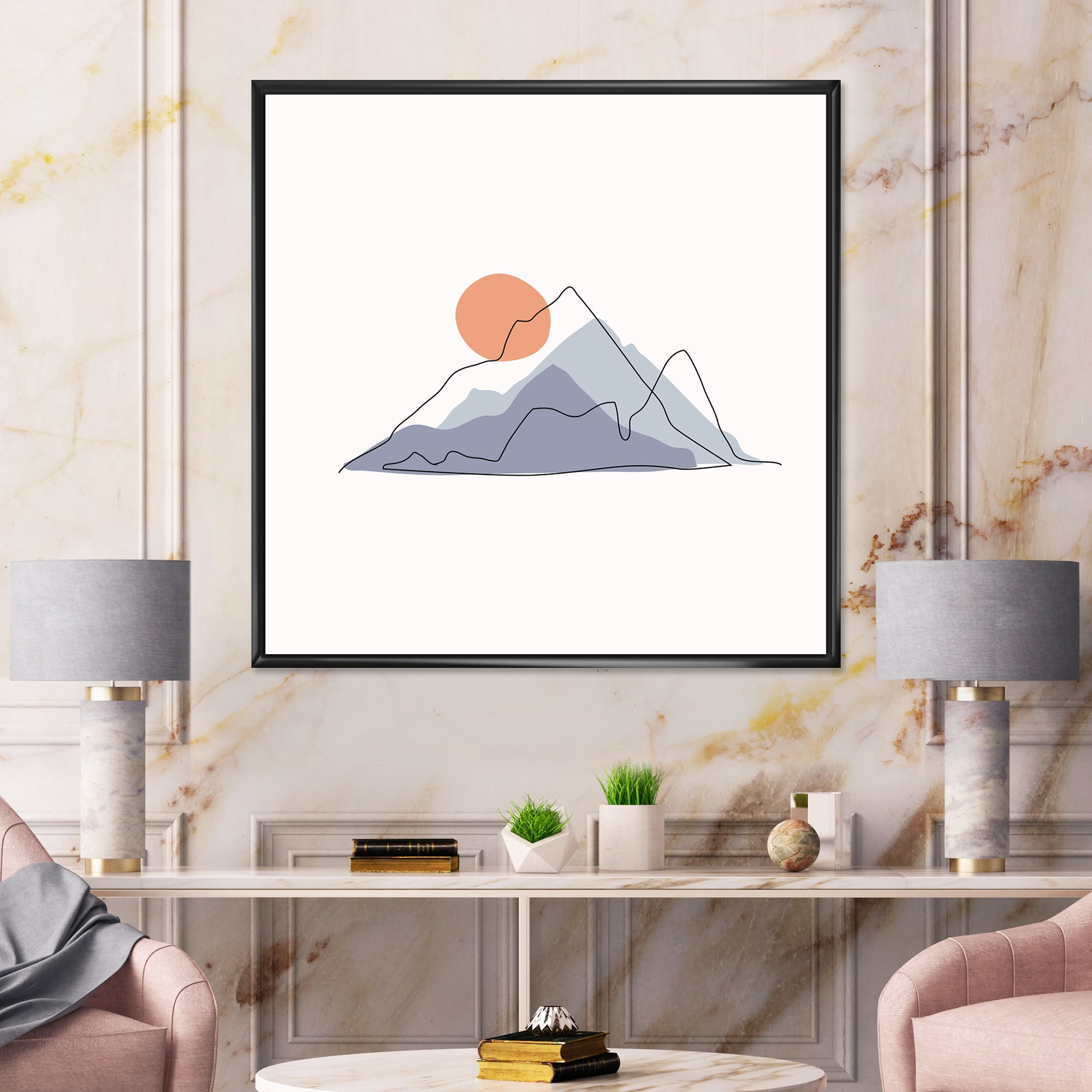 Designart 'Abstract Red Moon With Mountainscape' Modern Framed Canvas Wall Art Print