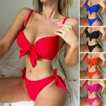 Pink Season Spaghetti Straps V-neck Backless Sexy Bikini Knotted Bra High Waist Briefs Swimsuit Beachwear