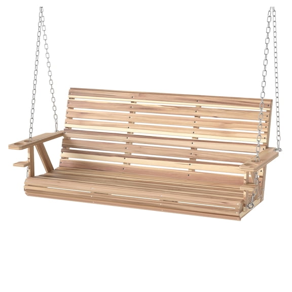 Outdoor Swing Bench 3 Seater, Wooden Porch Swing with Cupholders, Patio Garden Hanging Chair, Nature Wood