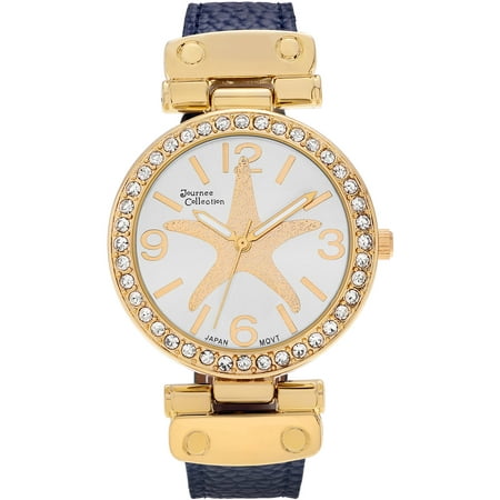 Journee Collection Women's Rhinestone Goldtone Faux Leather Starfish Dial Strap Fashion Watch, Navy