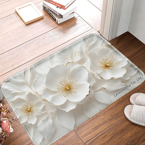 FJPT Non Slip Flannel Polyester Floor Mat With White Floral Design For Bathroom Kitchen Bedroom Decor 16x24 inch