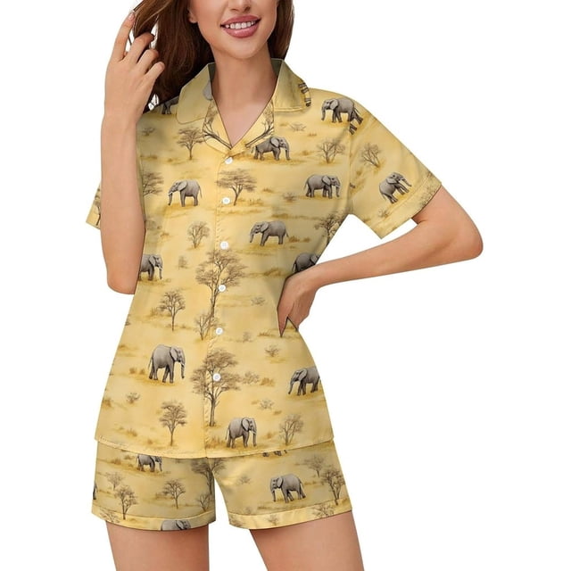 SKQIT Ensembles de Pyjama à Manches Courtes pour Femmes, 2 Pcs Imprimé Mignon Chemise Boutonnée en Satin Doux et Shorts