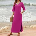 thumbnail image 5 of gakvbuo Maxi Dress For Women With Pockets Boho Summer Dresses 3/4 Sleeve V Neck Long Beach T-Shirt Dress With Side Split Bottom Sundress Travel Vacation Outfits, 5 of 9