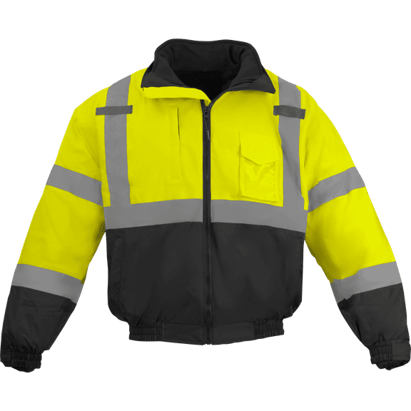 Ironwear 6410 Hi-Vis Premium Bomber Safety Jacket with Black Bottom | Rollaway Hood | Black Removable Polar Fleece Liner