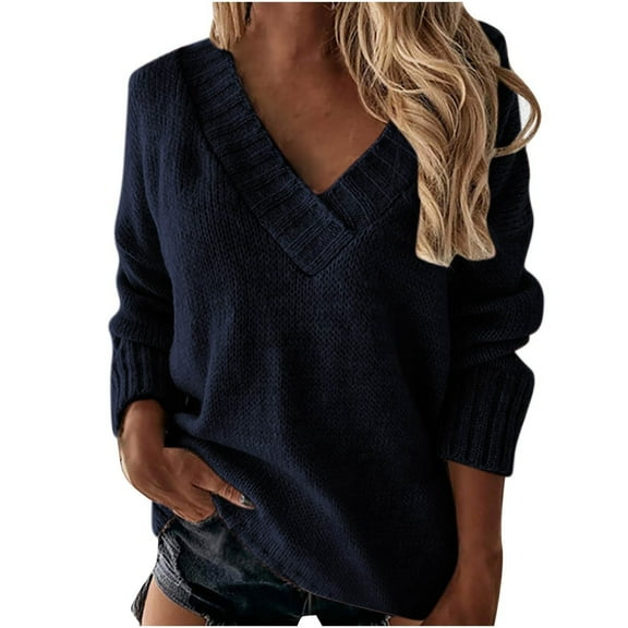 Htigea Women's V-Neck Long Sleeve Sweater Solid Knit Jumper Casual Loose Fit Pullover Tops Fall Trendy Knitwear Navy S